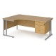 Maestro 25 left hand ergonomic desk 1800mm wide with 3 drawer pedestal - silver cantilever leg frame, oak top