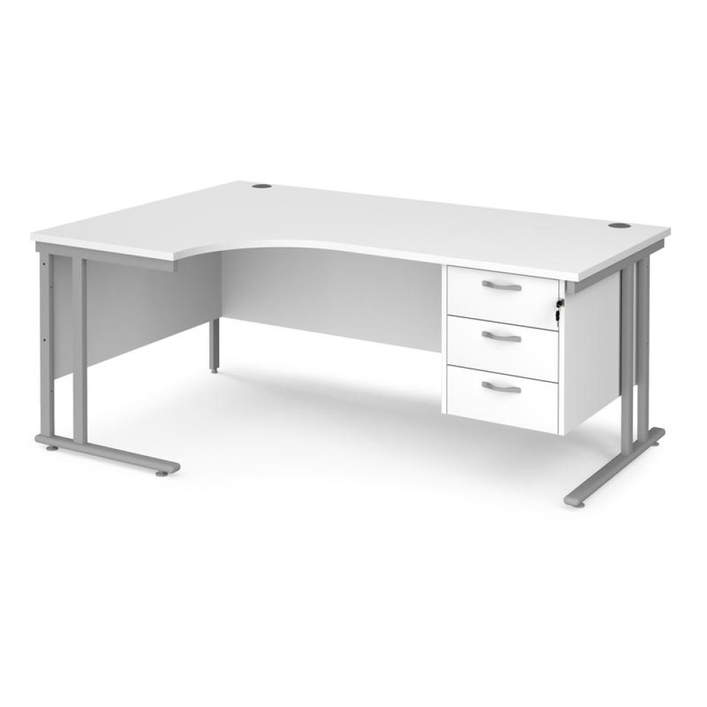 Maestro 25 left hand ergonomic desk 1800mm wide with 3 drawer pedestal - silver cantilever leg frame, white top