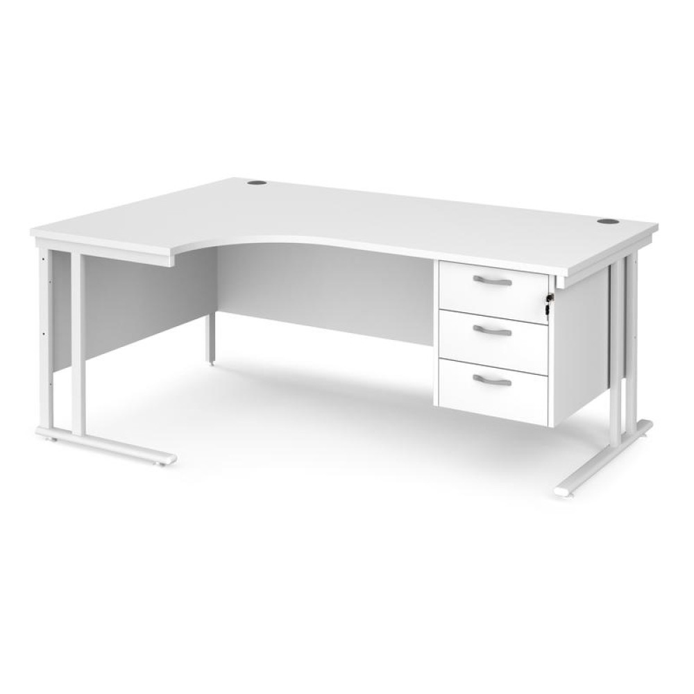 Maestro 25 left hand ergonomic desk 1800mm wide with 3 drawer pedestal - white cantilever leg frame, white top