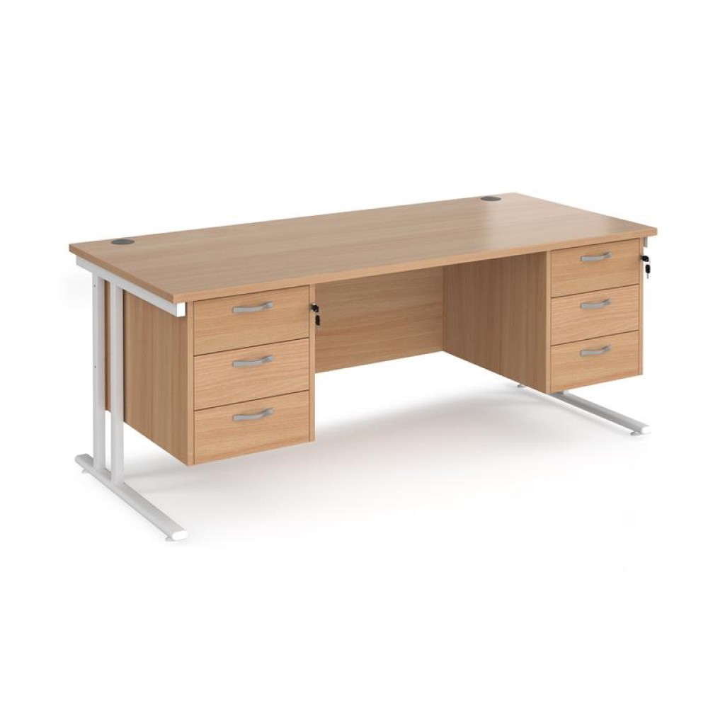 Maestro 25 straight desk 1800mm x 800mm with two x 3 drawer pedestals - white cantilever leg frame, beech top