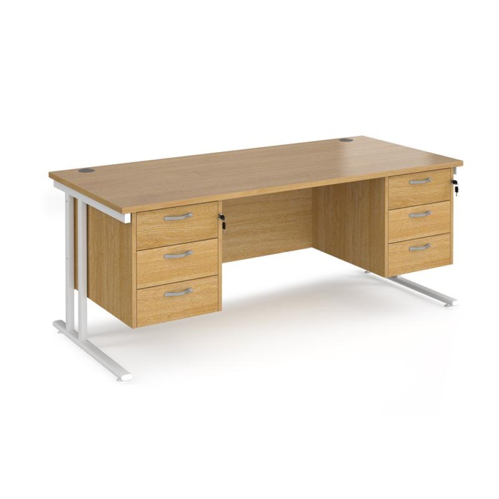 Maestro 25 straight desk 1800mm x 800mm with two x 3 drawer pedestals - white cantilever leg frame, oak top