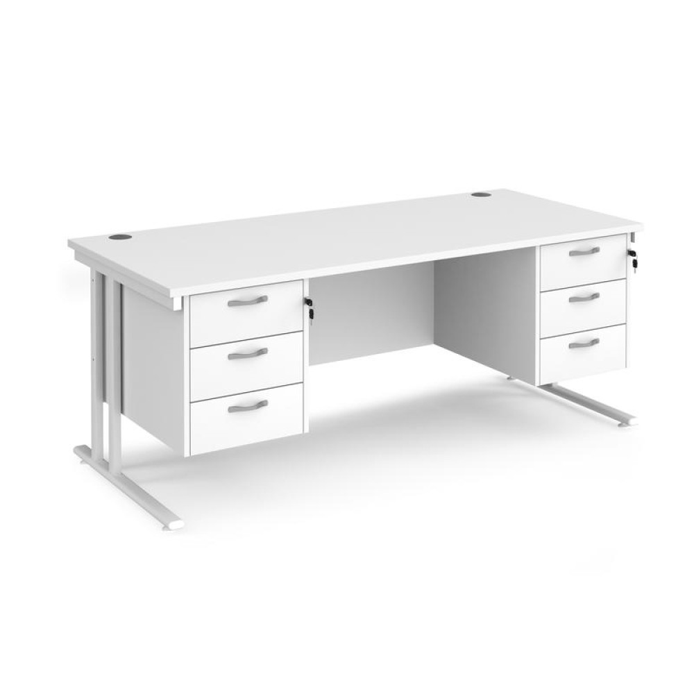 Maestro 25 straight desk 1800mm x 800mm with two x 3 drawer pedestals - white cantilever leg frame, white top