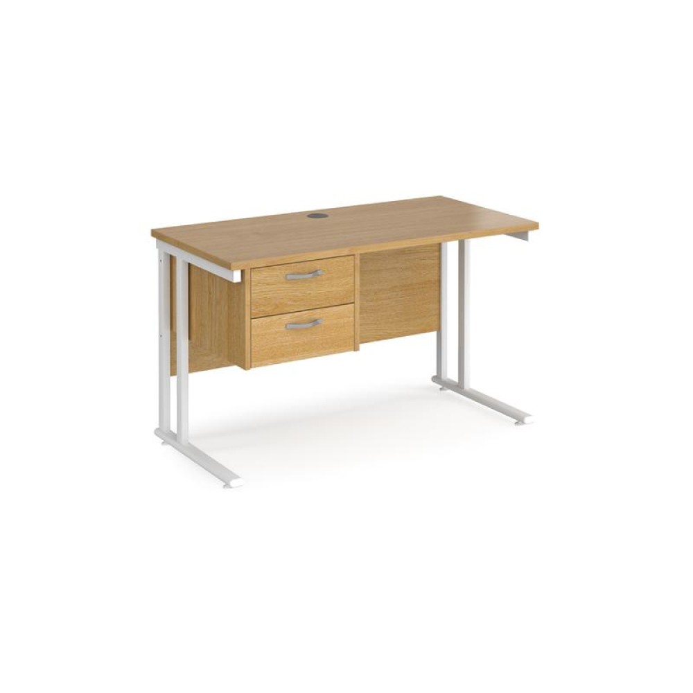 Maestro 25 straight desk 1200mm x 600mm with 2 drawer pedestal - white cantilever leg frame, oak top