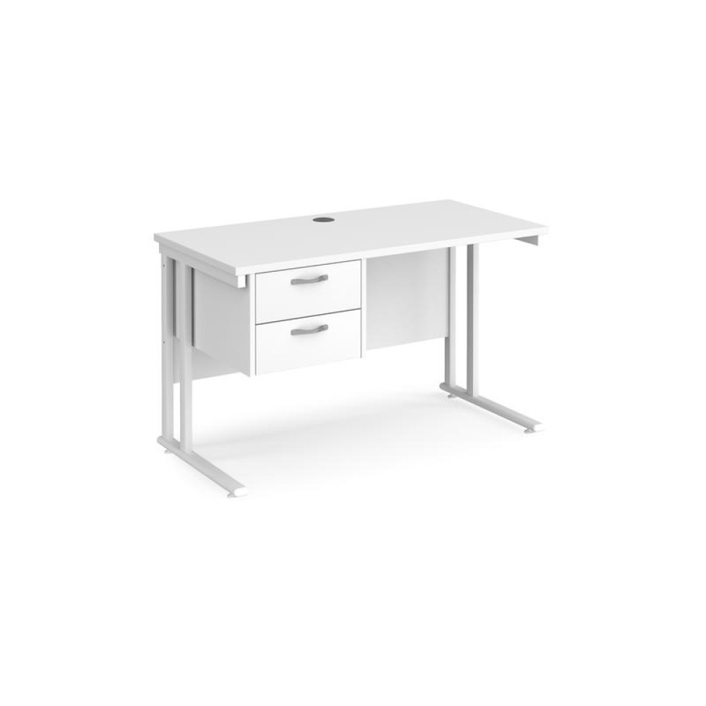 Maestro 25 straight desk 1200mm x 600mm with 2 drawer pedestal - white cantilever leg frame, white top