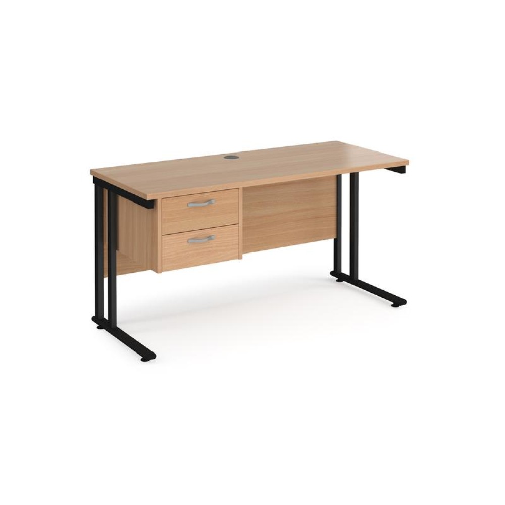 Maestro 25 straight desk 1400mm x 600mm with 2 drawer pedestal - black cantilever leg frame, beech top
