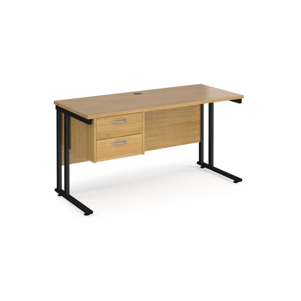 Maestro 25 straight desk 1400mm x 600mm with 2 drawer pedestal - black cantilever leg frame, oak top