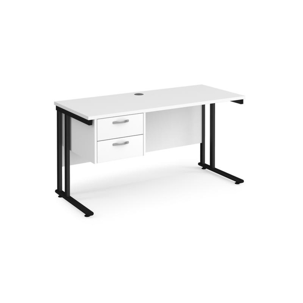 Maestro 25 straight desk 1400mm x 600mm with 2 drawer pedestal - black cantilever leg frame, white top