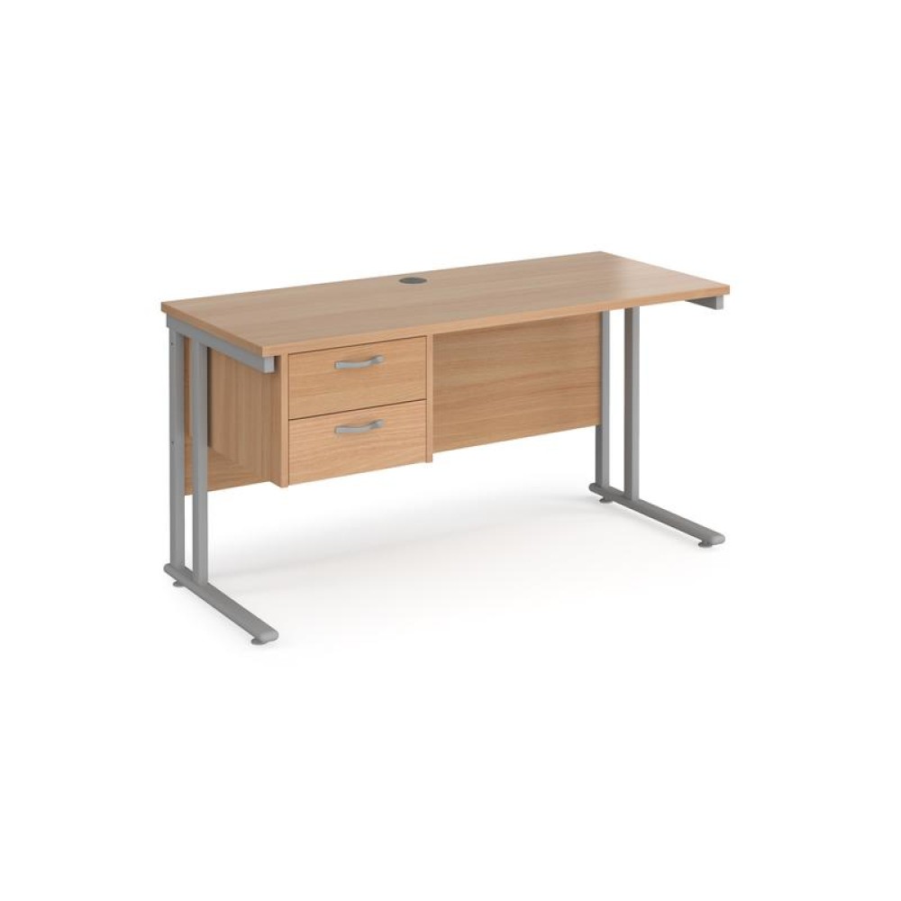Maestro 25 straight desk 1400mm x 600mm with 2 drawer pedestal - silver cantilever leg frame, beech top