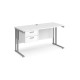 Maestro 25 straight desk 1400mm x 600mm with 2 drawer pedestal - silver cantilever leg frame, white top