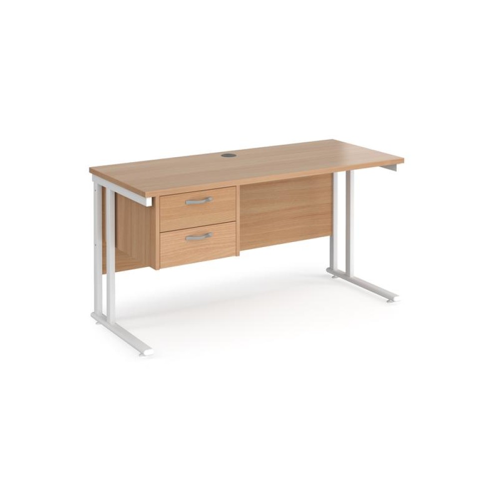 Maestro 25 straight desk 1400mm x 600mm with 2 drawer pedestal - white cantilever leg frame, beech top