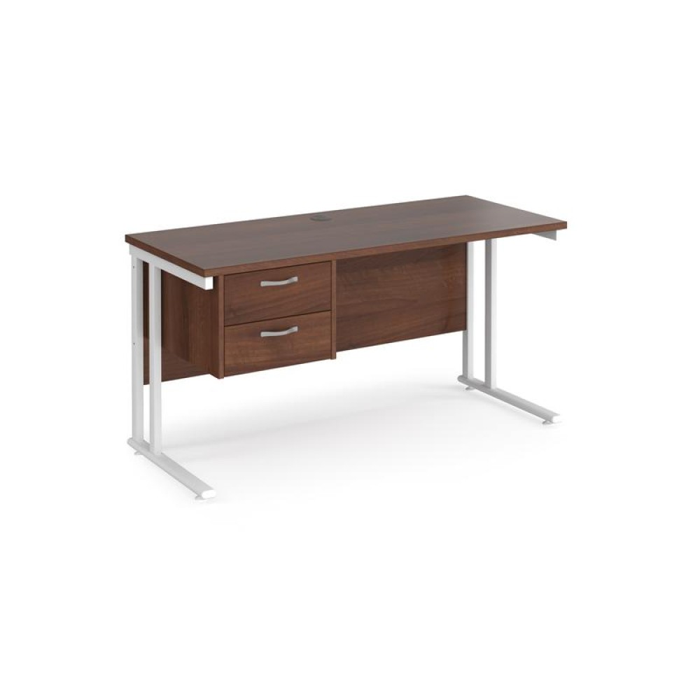 Maestro 25 straight desk 1400mm x 600mm with 2 drawer pedestal - white cantilever leg frame, walnut top