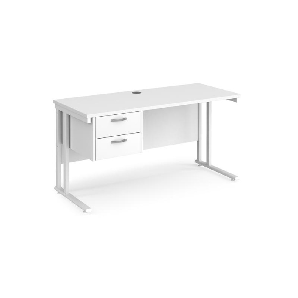Maestro 25 straight desk 1400mm x 600mm with 2 drawer pedestal - white cantilever leg frame, white top