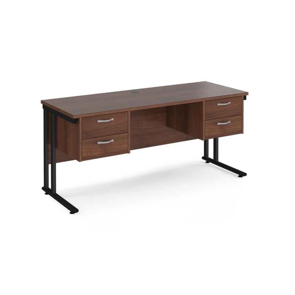 Maestro 25 straight desk 1600mm x 600mm with two x 2 drawer pedestals - black cantilever leg frame, walnut top