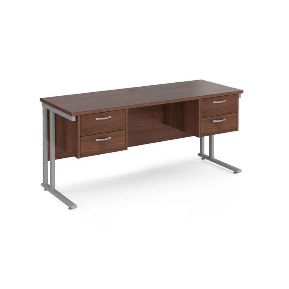 Maestro 25 straight desk 1600mm x 600mm with two x 2 drawer pedestals - silver cantilever leg frame, walnut top