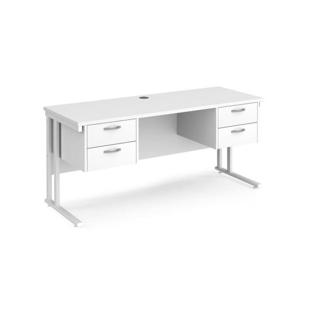 Maestro 25 straight desk 1600mm x 600mm with two x 2 drawer pedestals - white cantilever leg frame, white top