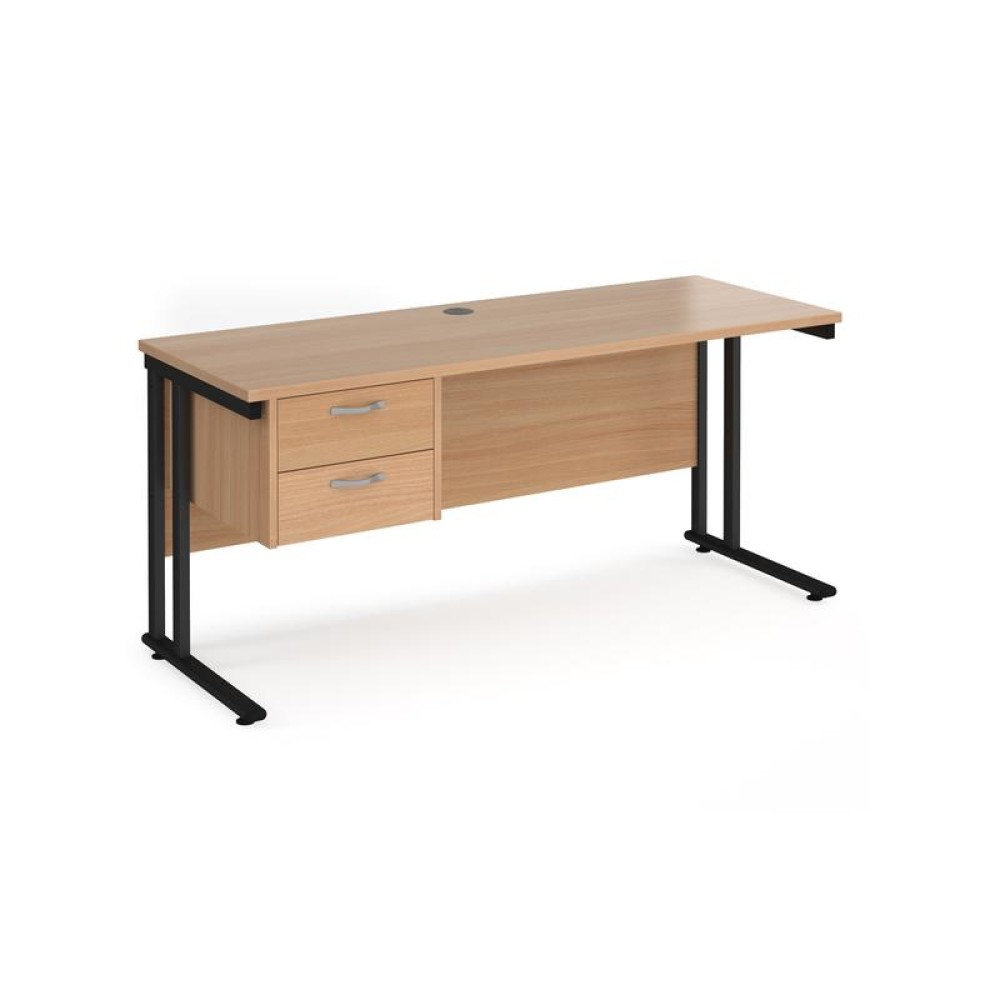 Maestro 25 straight desk 1600mm x 600mm with 2 drawer pedestal - black cantilever leg frame, beech top
