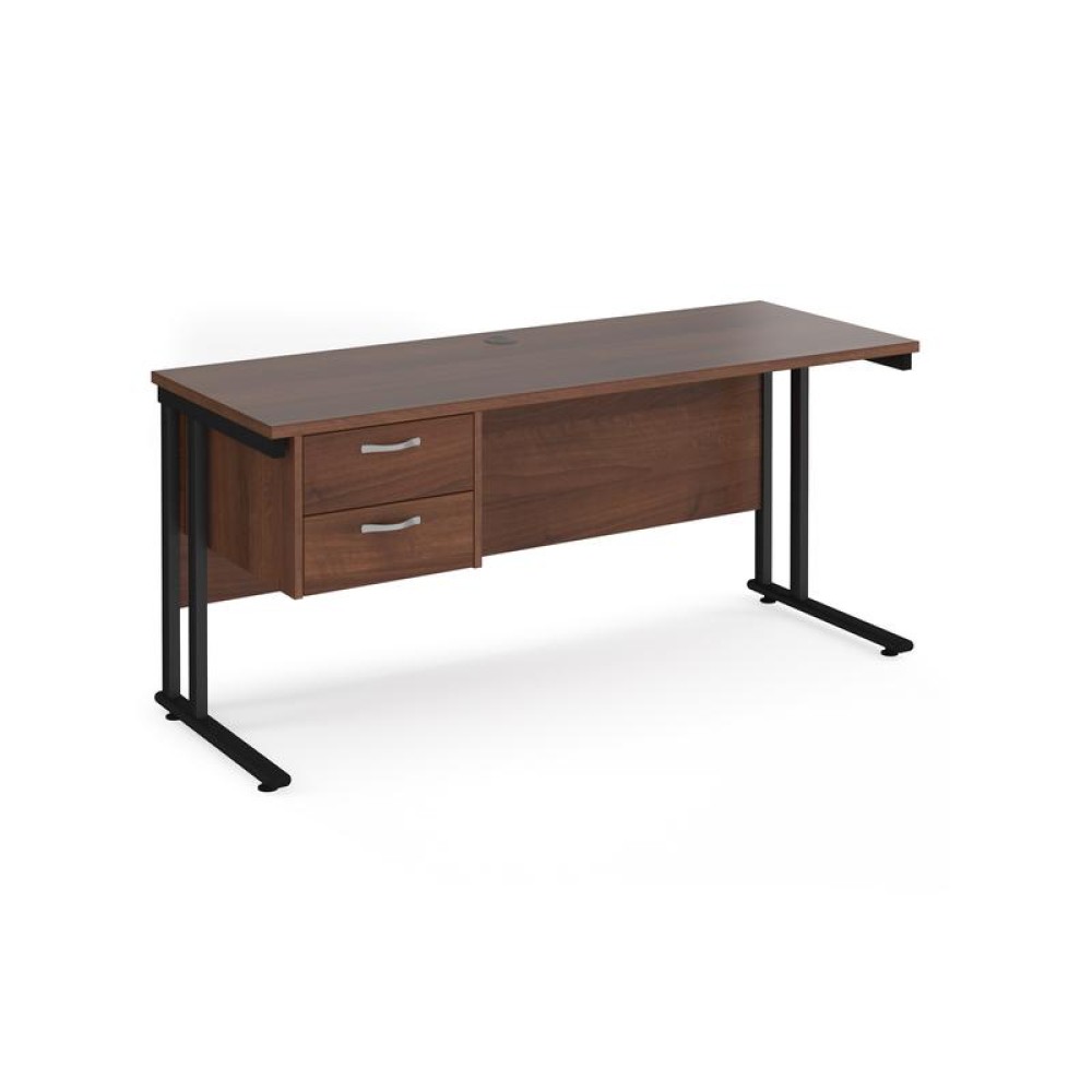Maestro 25 straight desk 1600mm x 600mm with 2 drawer pedestal - black cantilever leg frame, walnut top