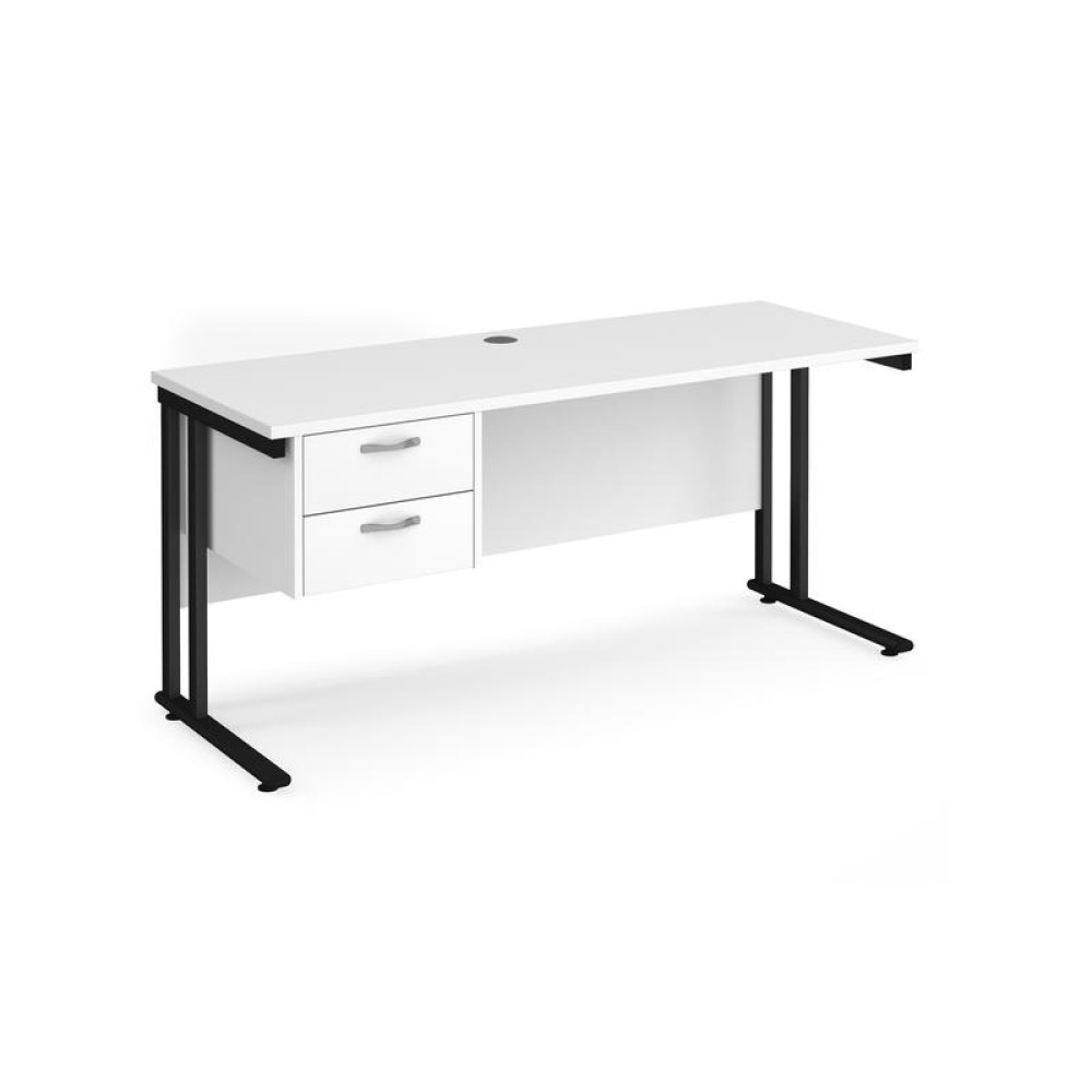 Maestro 25 straight desk 1600mm x 600mm with 2 drawer pedestal - black cantilever leg frame, white top
