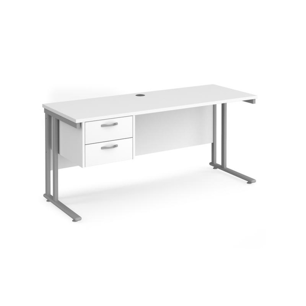 Maestro 25 straight desk 1600mm x 600mm with 2 drawer pedestal - silver cantilever leg frame, white top