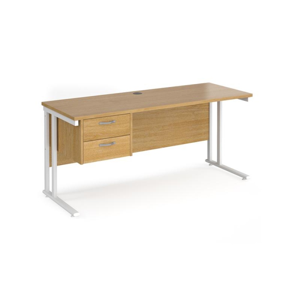 Maestro 25 straight desk 1600mm x 600mm with 2 drawer pedestal - white cantilever leg frame, oak top