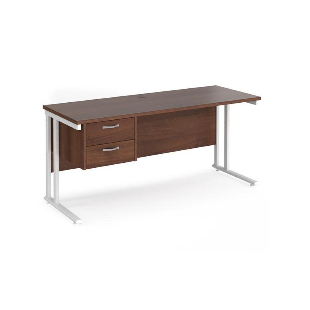 Maestro 25 straight desk 1600mm x 600mm with 2 drawer pedestal - white cantilever leg frame, walnut top