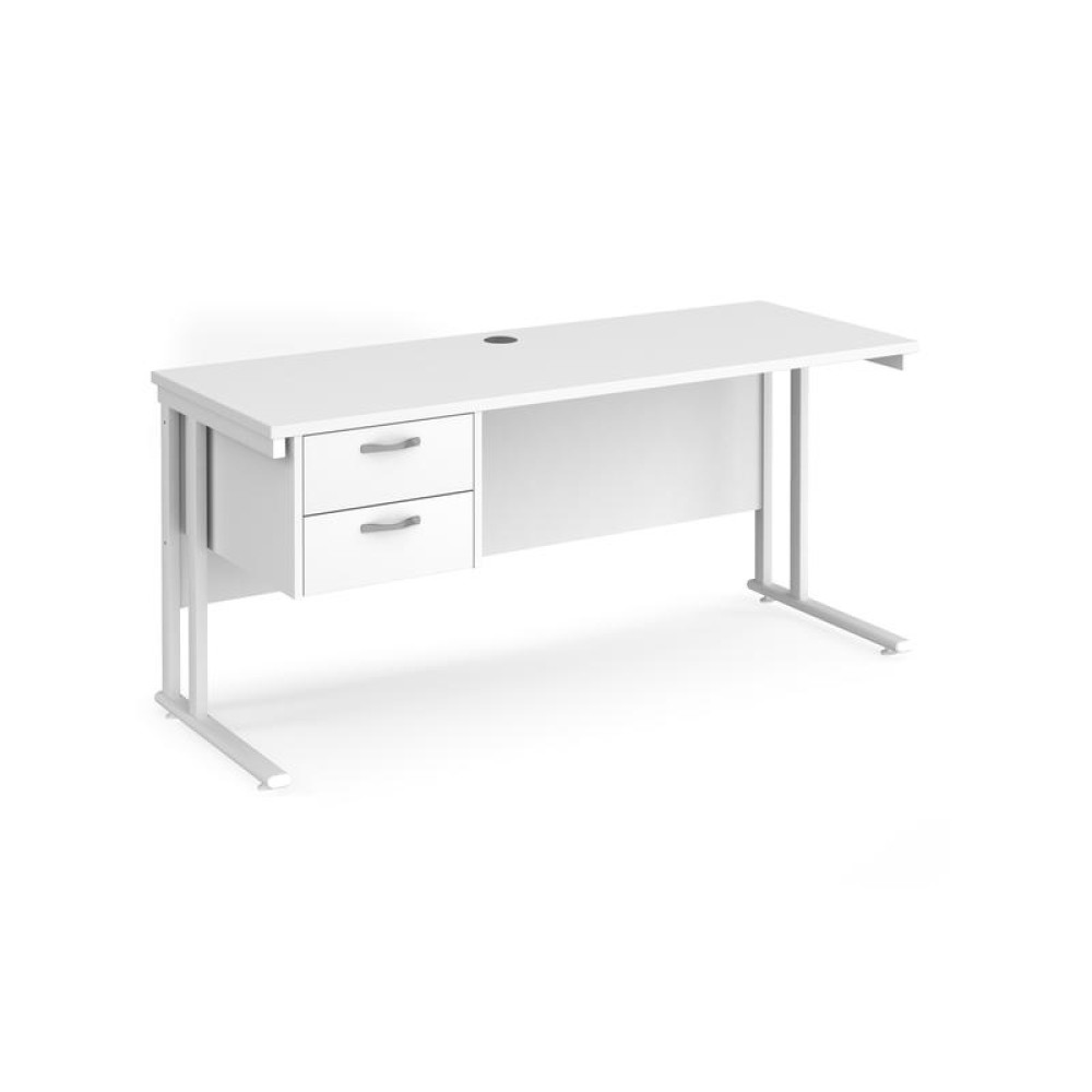 Maestro 25 straight desk 1600mm x 600mm with 2 drawer pedestal - white cantilever leg frame, white top