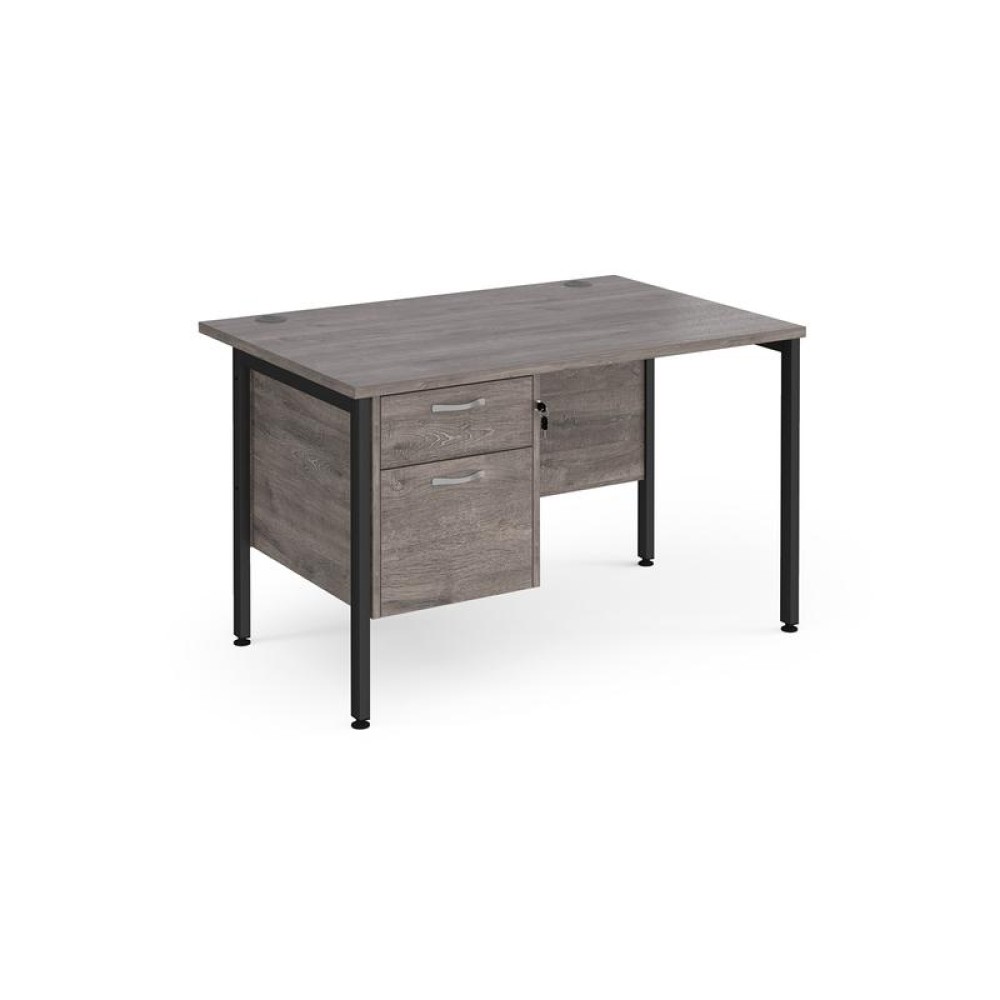 Maestro 25 straight desk 1200mm x 800mm with 2 drawer pedestal - black H-frame leg, grey oak top