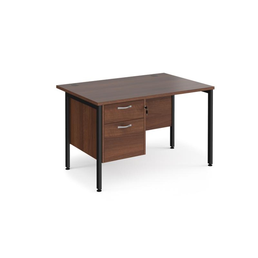 Maestro 25 straight desk 1200mm x 800mm with 2 drawer pedestal - black H-frame leg, walnut top