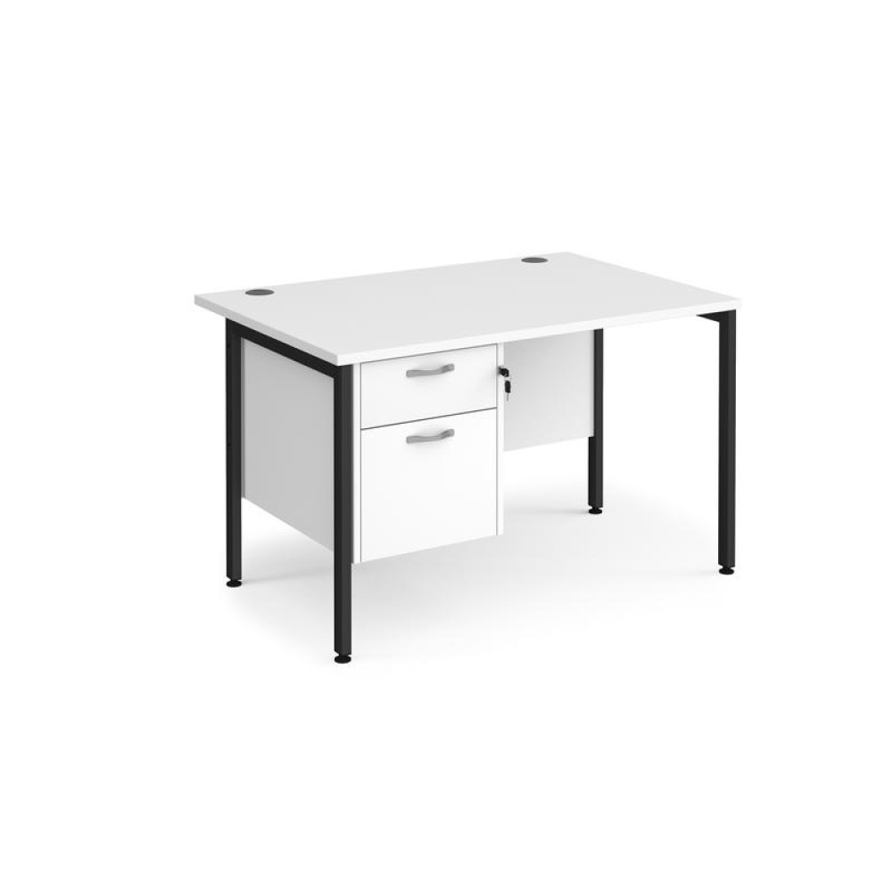 Maestro 25 straight desk 1200mm x 800mm with 2 drawer pedestal - black H-frame leg, white top