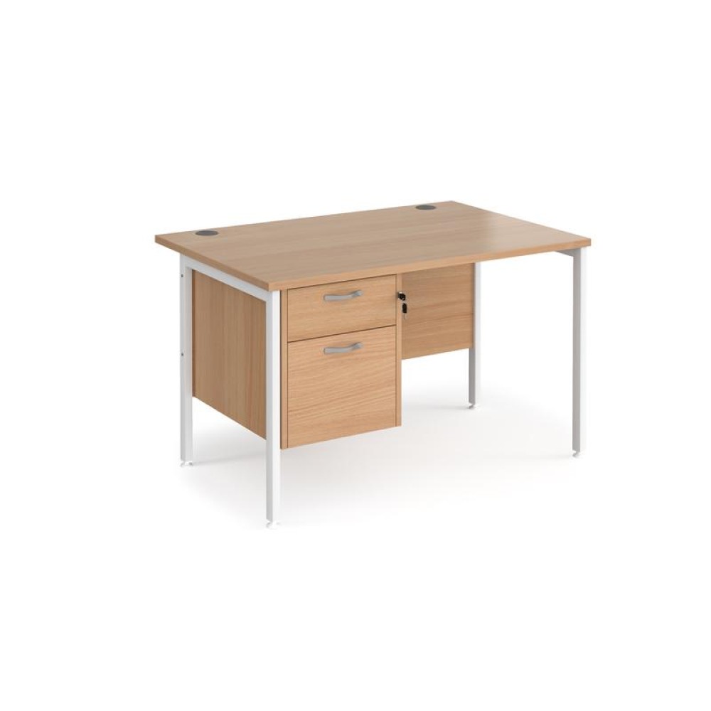 Maestro 25 straight desk 1200mm x 800mm with 2 drawer pedestal - white H-frame leg, beech top