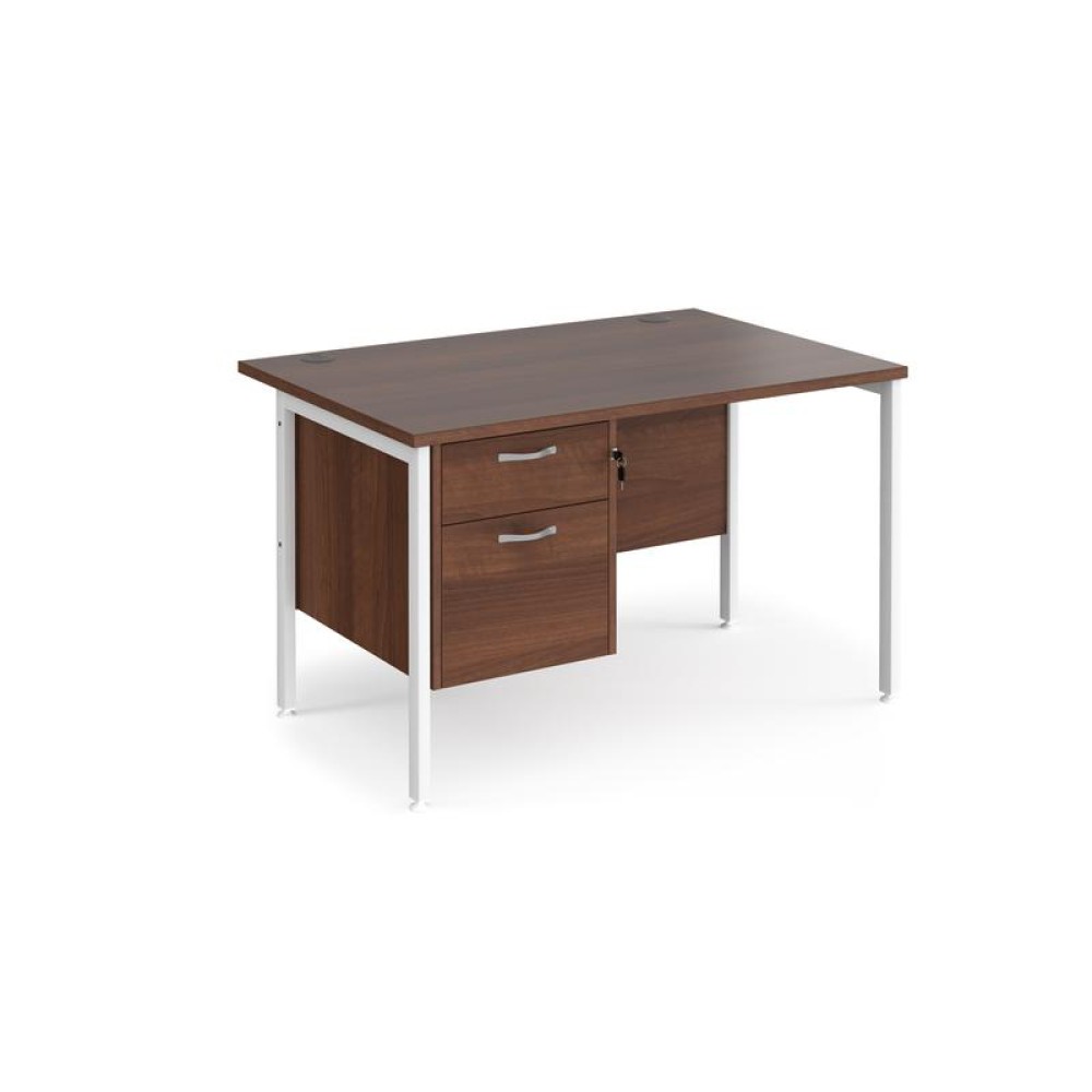 Maestro 25 straight desk 1200mm x 800mm with 2 drawer pedestal - white H-frame leg, walnut top