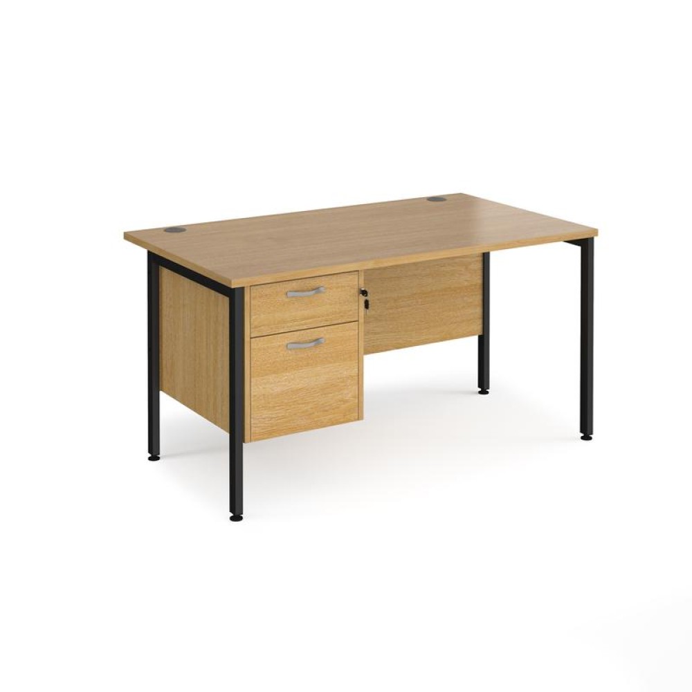 Maestro 25 straight desk 1400mm x 800mm with 2 drawer pedestal - black H-frame leg, oak top