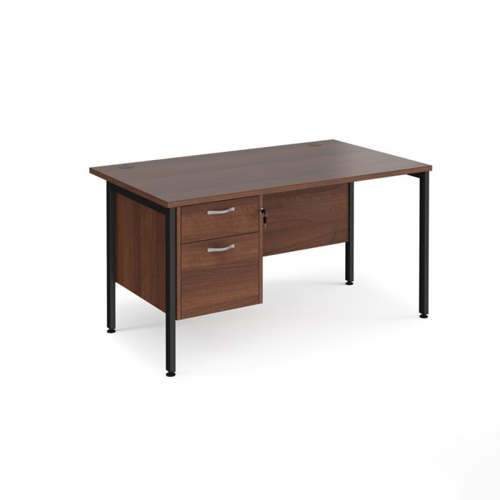 Maestro 25 straight desk 1400mm x 800mm with 2 drawer pedestal - black H-frame leg, walnut top