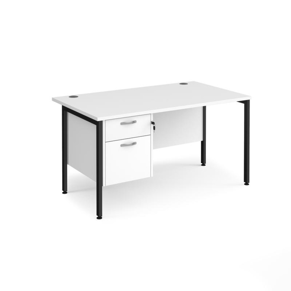 Maestro 25 straight desk 1400mm x 800mm with 2 drawer pedestal - black H-frame leg, white top