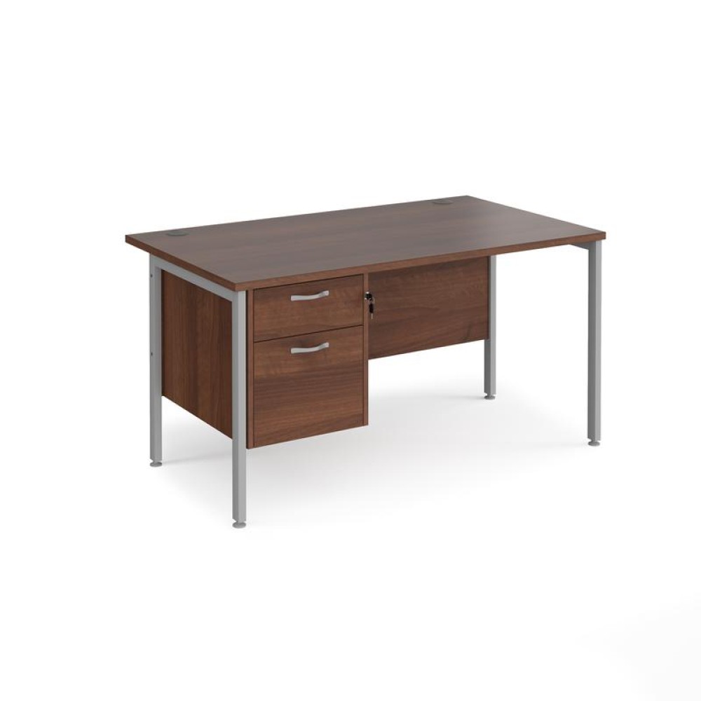 Maestro 25 straight desk 1400mm x 800mm with 2 drawer pedestal - silver H-frame leg, walnut top