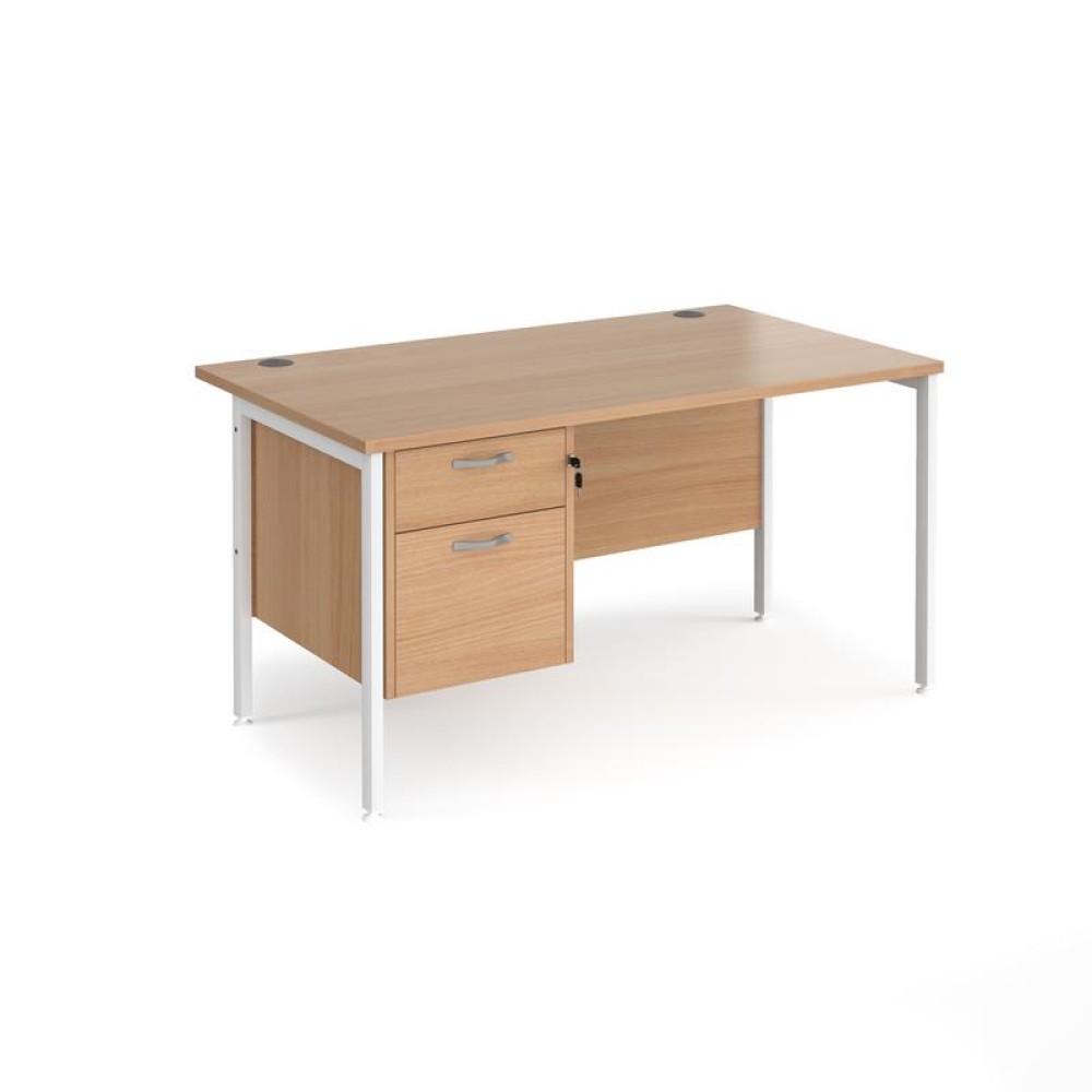 Maestro 25 straight desk 1400mm x 800mm with 2 drawer pedestal - white H-frame leg, beech top