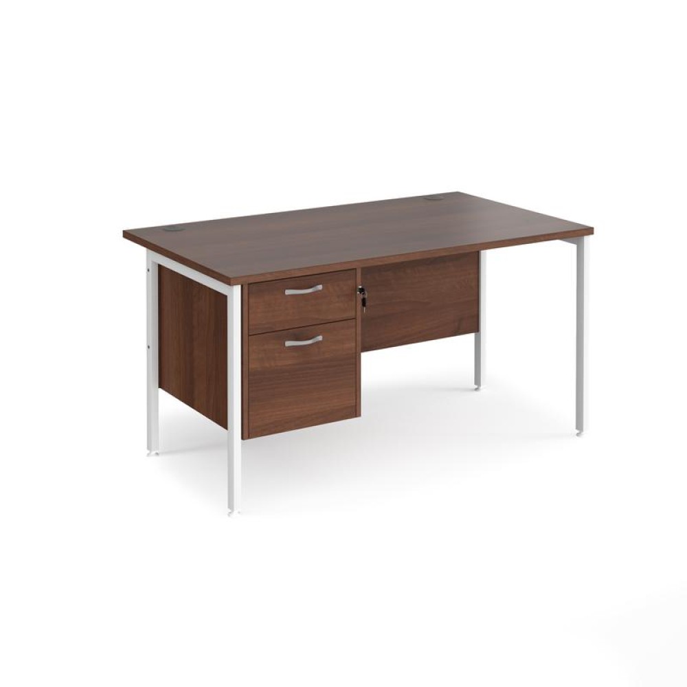 Maestro 25 straight desk 1400mm x 800mm with 2 drawer pedestal - white H-frame leg, walnut top
