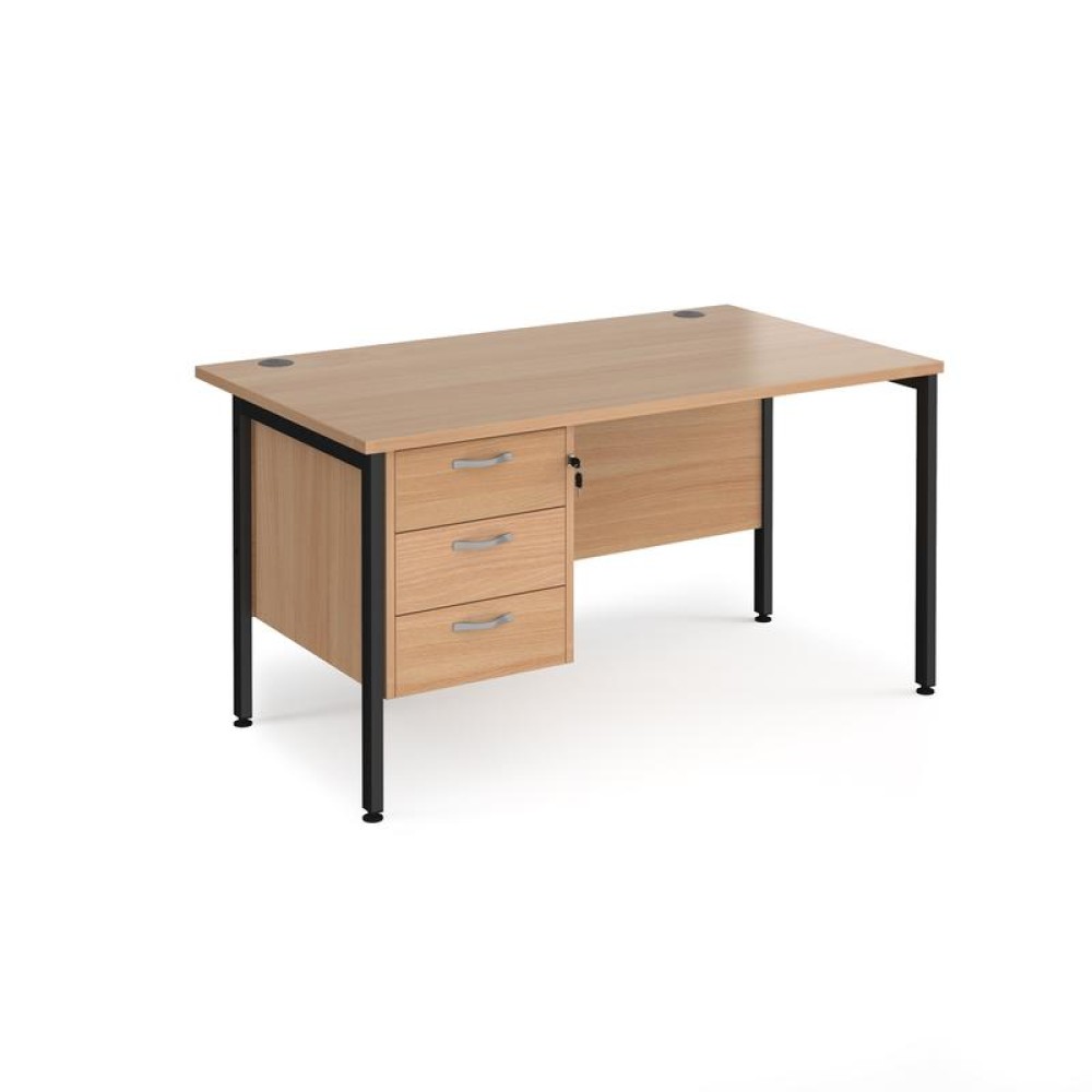 Maestro 25 straight desk 1400mm x 800mm with 3 drawer pedestal - black H-frame leg, beech top