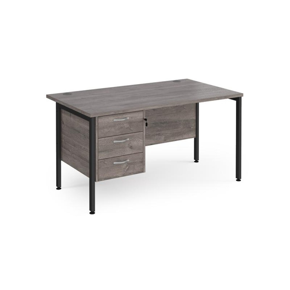 Maestro 25 straight desk 1400mm x 800mm with 3 drawer pedestal - black H-frame leg, grey oak top