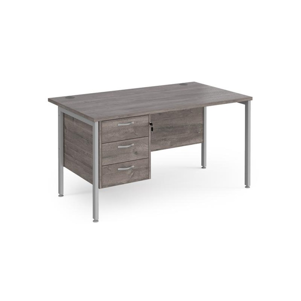 Maestro 25 straight desk 1400mm x 800mm with 3 drawer pedestal - silver H-frame leg, grey oak top