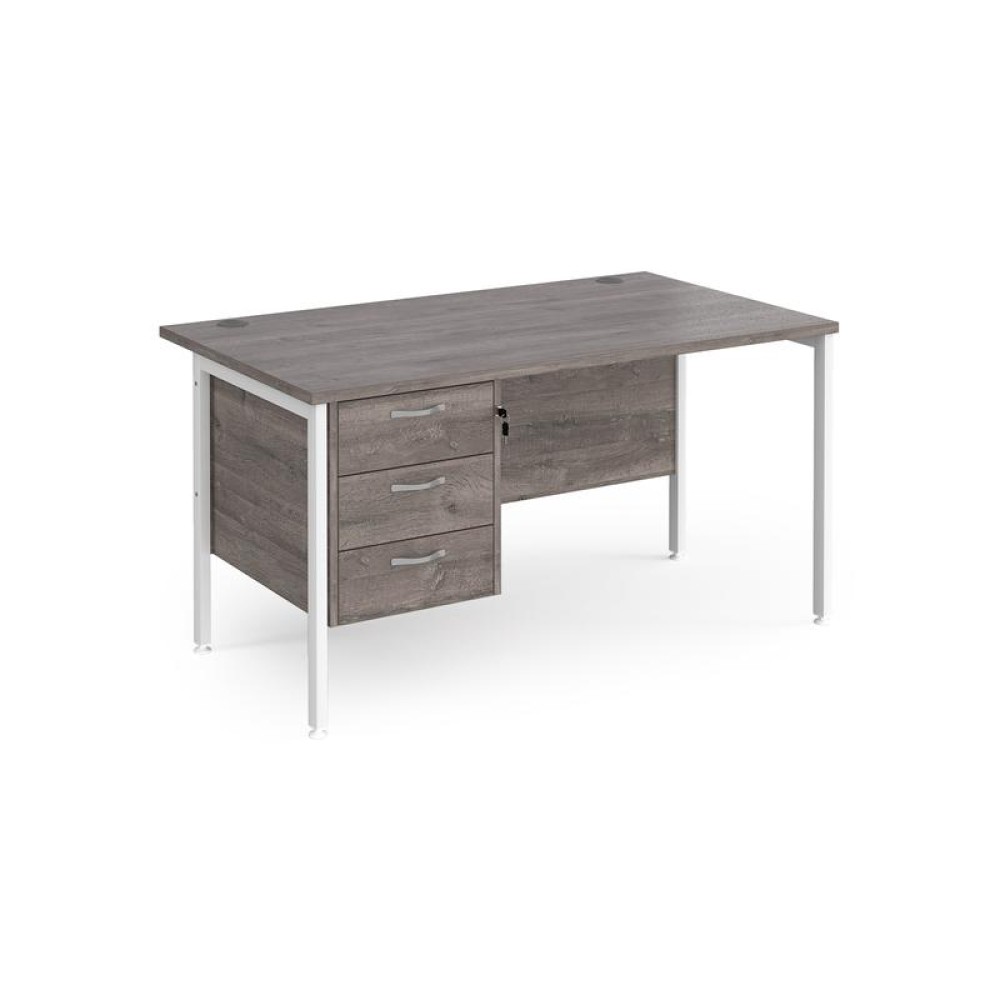 Maestro 25 straight desk 1400mm x 800mm with 3 drawer pedestal - white H-frame leg, grey oak top