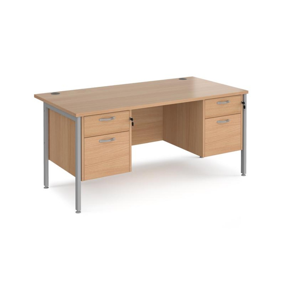 Maestro 25 straight desk 1600mm x 800mm with two x 2 drawer pedestals - silver H-frame leg, beech top