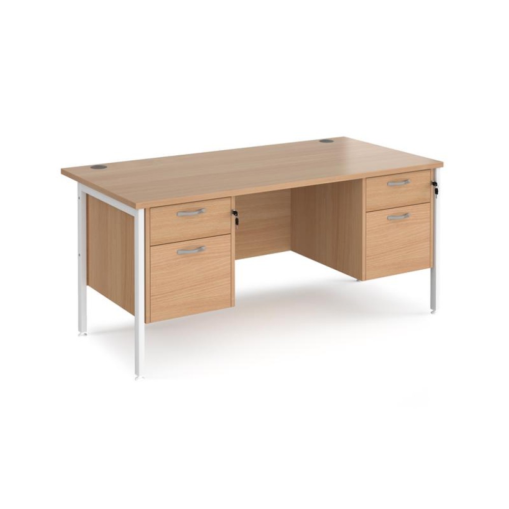 Maestro 25 straight desk 1600mm x 800mm with two x 2 drawer pedestals - white H-frame leg, beech top