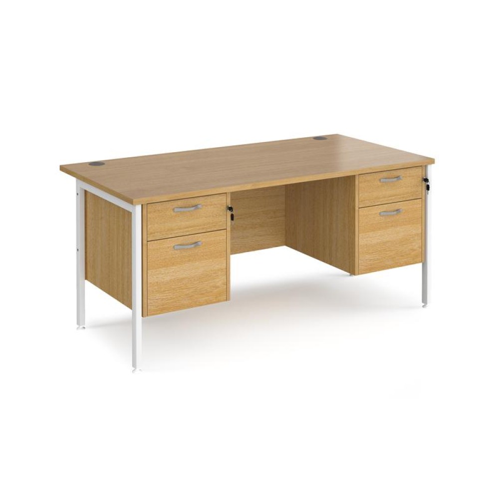 Maestro 25 straight desk 1600mm x 800mm with two x 2 drawer pedestals - white H-frame leg, oak top