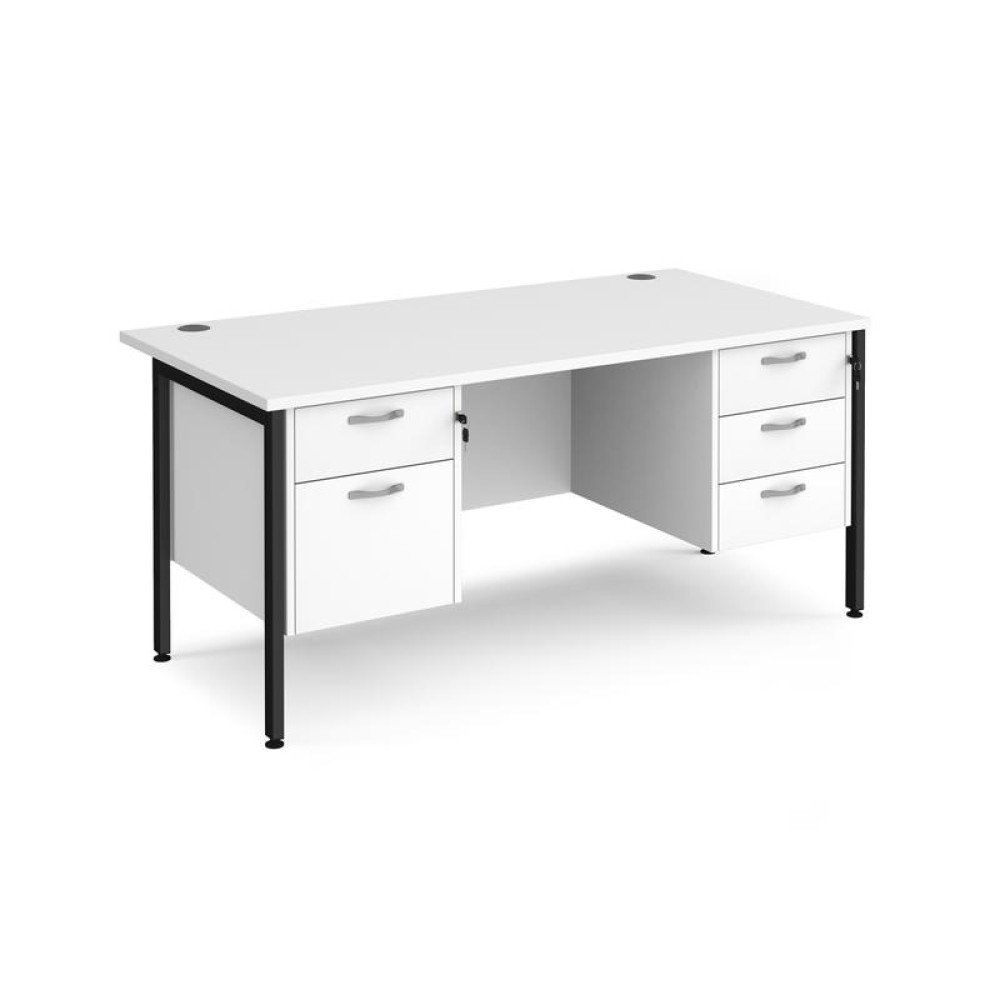 Maestro 25 straight desk 1600mm x 800mm with 2 and 3 drawer pedestals - black H-frame leg, white top