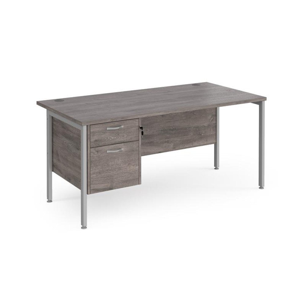 Maestro 25 straight desk 1600mm x 800mm with 2 drawer pedestal - silver H-frame leg, grey oak top