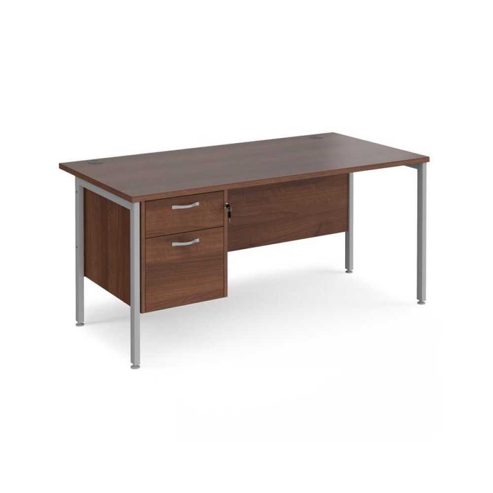 Maestro 25 straight desk 1600mm x 800mm with 2 drawer pedestal - silver H-frame leg, walnut top