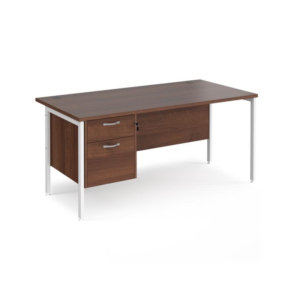 Maestro 25 straight desk 1600mm x 800mm with 2 drawer pedestal - white H-frame leg, walnut top