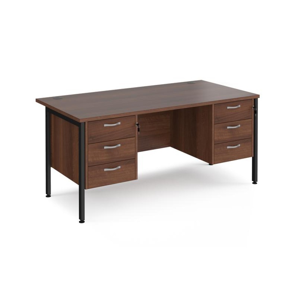 Maestro 25 straight desk 1600mm x 800mm with two x 3 drawer pedestals - black H-frame leg, walnut top