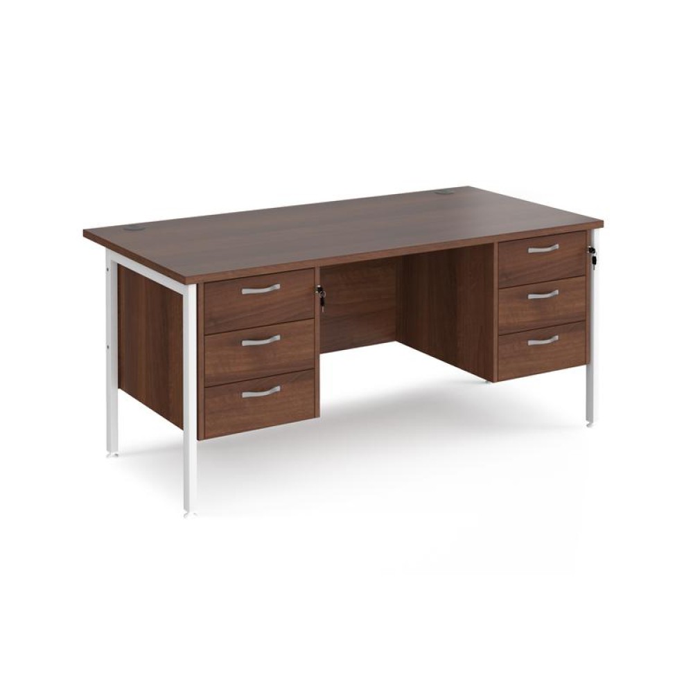 Maestro 25 straight desk 1600mm x 800mm with two x 3 drawer pedestals - white H-frame leg, walnut top